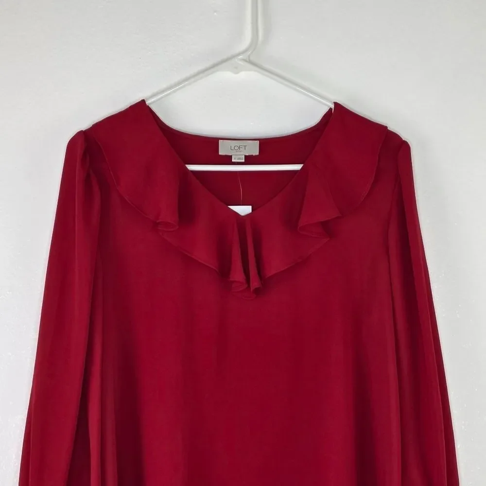 NWT LOFT Outlet Red Chiffon Ruffle Neck Blouse Size Small